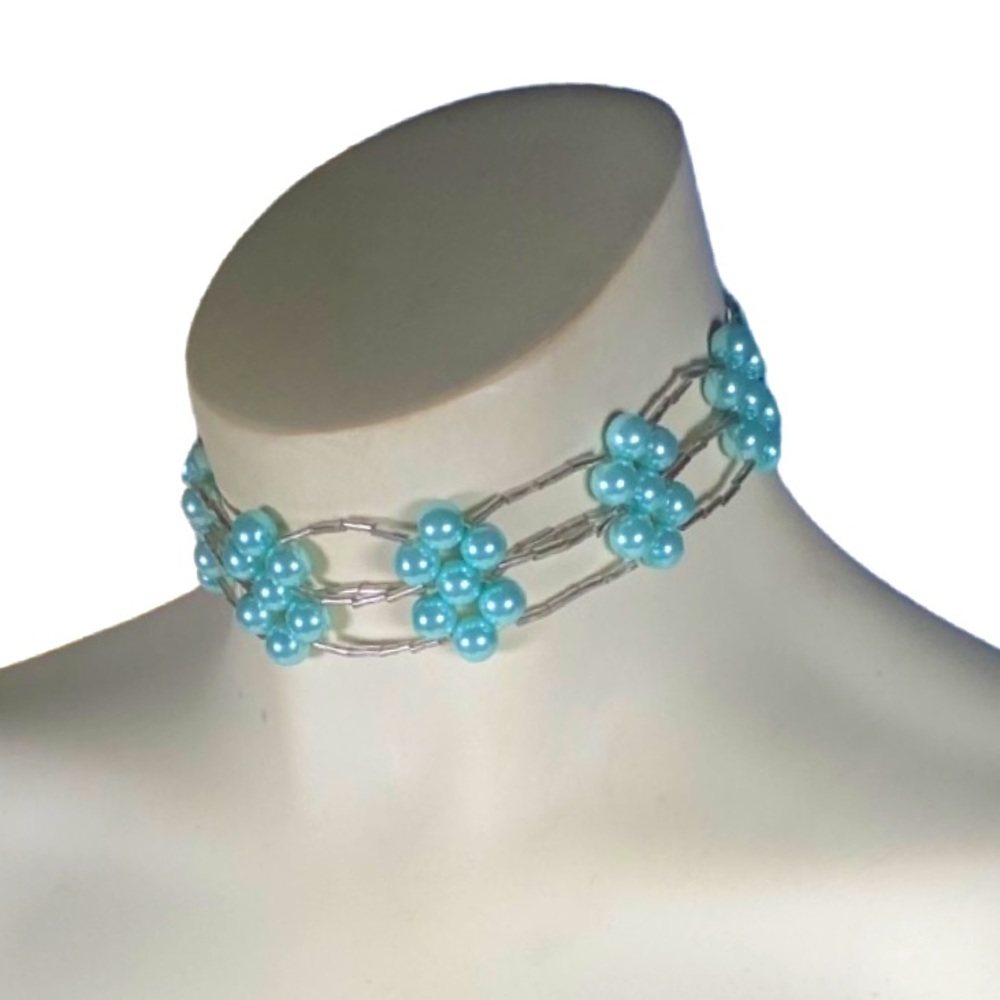Hand crafted Blue pearl bead choker with silver cylinder beads